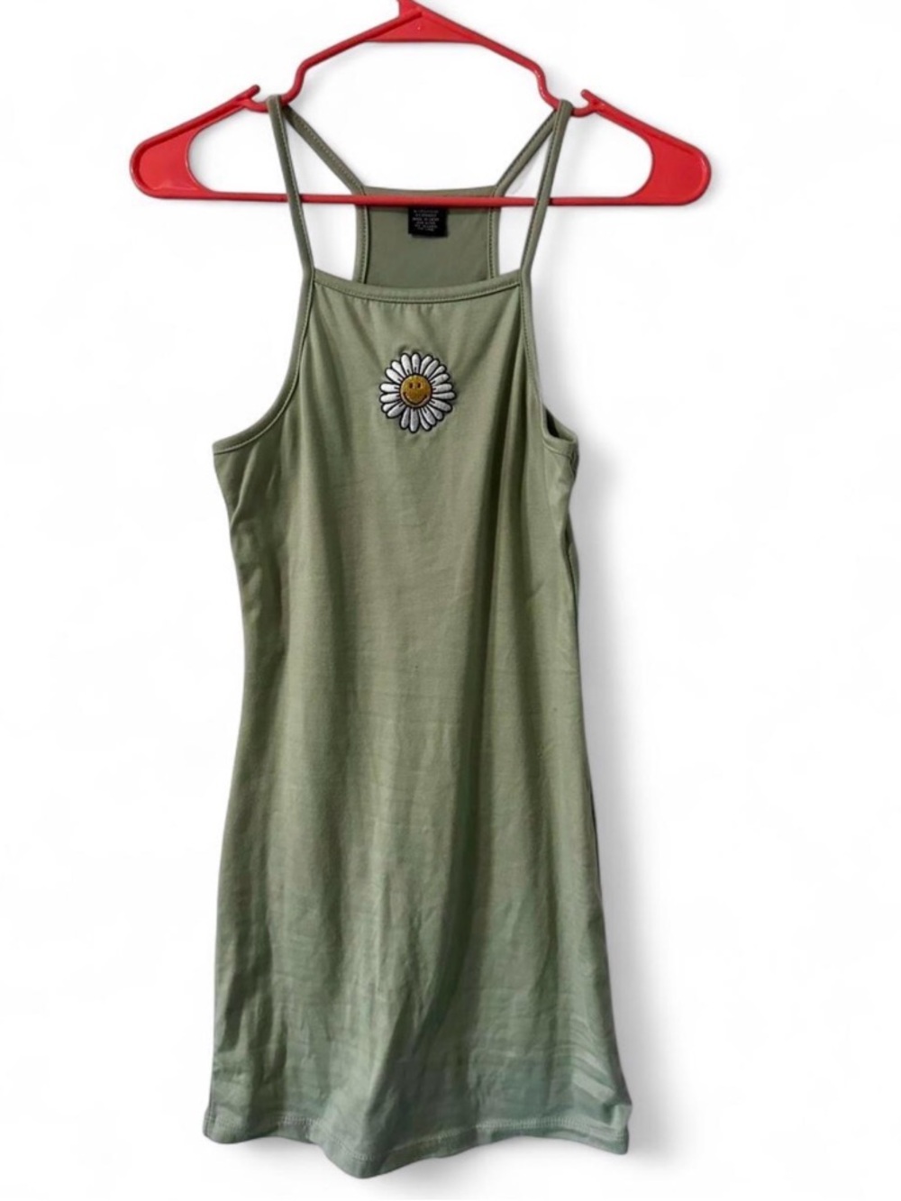 Green Spaghetti Strap Dress with Daisy Embroidery